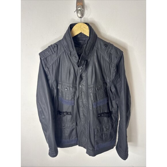 7 For All Mankind Coated Field Jacket Men’s Medium Black Utility Pockets Plaid - Picture 1 of 11